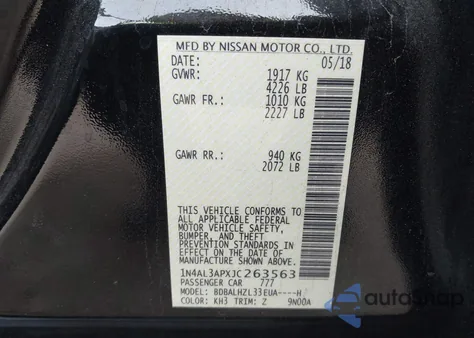 2018 Nissan Altima 2.5 Sr z USA, uszkodzony, nr VIN 1N4AL3APXJC263563